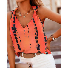 Tie Dye Print Knotted Detail V-Neck Tank Top - orange