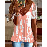 Tie Dye Print Lace Patch Deep V-Neck Top - pink