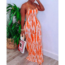 Tie Dye Print Lace-up Back Maxi Dress - orange