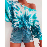 Tie Dye Print Lantern Sleeve Casual Top - blue