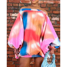 Tie Dye Print Lantern Sleeve Off Shoulder Casual Dress - Multicolor