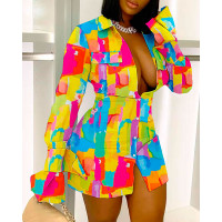 Tie Dye Print Long Sleeve Button Down Shirt Dress - Multicolor