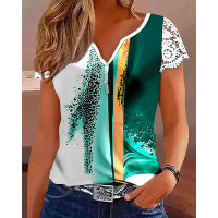 Tie Dye Print Notch Neck Lace Patch Top - green