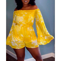 Tie Dye Print Off Shoulder Bell Sleeve Romper - yellow