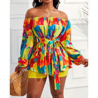 Tie Dye Print Off Shoulder Belted Top & Shorts Set - yellow