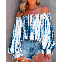 Tie Dye Print Off Shoulder Lantern Sleeve Top - white