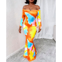 Tie Dye Print Off Shoulder Mermaid Dress - Multicolor