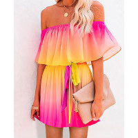 Tie Dye Print Off Shoulder Ruffle Hem Belted Dress - Multicolor