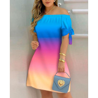 Tie Dye Print Off Shoulder Tie Detail Casual Dress - Multicolor