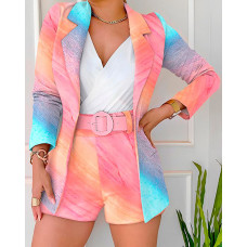 Tie Dye Print Ombre Blazer Coat & Shorts Set With Belt - Multicolor