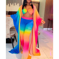 Tie Dye Print Ombre Longline Coat & Wide Leg Bootcut Pants Set With Bralette - Multicolor