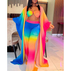 Tie Dye Print Ombre Longline Coat & Wide Leg Bootcut Pants Set With Bralette - Multicolor