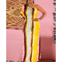 Tie Dye Print One Shoulder Slit Maxi Dress - yellow