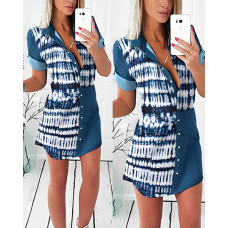 Tie Dye Print Patchwork Buttoned Shirt Dress - blue