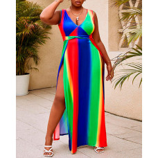 Tie Dye Print Plunge High Slit Sleeveless Maxi Dress - Multicolor