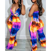 Tie Dye Print Plunge Sleeveless Jumpsuit - Multicolor