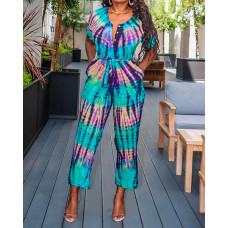 Tie Dye Print Pocket Design Buttoned Jumpsuit - blue