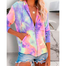 Tie Dye Print Pocket Design Hooded Top - purple