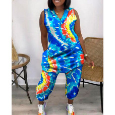 Tie Dye Print Pocket Design Jumpsuit - Multicolor