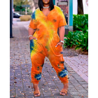 Tie Dye Print Pocket Design Short Sleeve Jumpsuit - orange