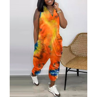 Tie Dye Print Pocket Design Sleeveless Jumpsuit - orange