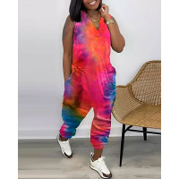 Tie Dye Print Pocket Design Sleeveless Jumpsuit - red