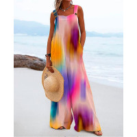 Tie Dye Print Pocket Design Wide Leg Jumpsuit - Multicolor