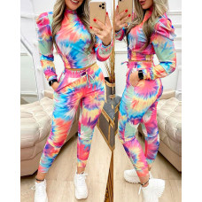 Tie Dye Print Puff Sleeve Top & Pocket Design Pants Set - Multicolor