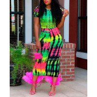 Tie Dye Print Puff Sleeve Top & Ruched Skirt Set - Multicolor