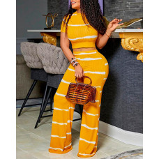 Tie Dye print Ribbed Top & Wide Leg Pants Set - yellow