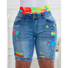 Tie Dye Print Ripped Denim Shorts - blue