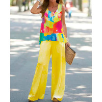 Tie Dye Print Round Neck Tank & Wide Leg Pants Set - yellow