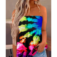 Tie Dye Print Shirred Bandeau Top - Multicolor