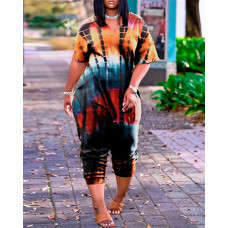 Tie Dye Print Short Sleeve Pocket Design Jumpsuit - orange