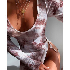 Tie Dye Print Side Slit Lace-up Ribbed Long Sleeve Dress - brown