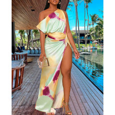 Tie Dye Print Skew Neck High Slit Maxi Dress - light green