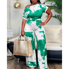 Tie Dye Print Skew Neck Straight Leg Jumpsuit - green