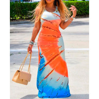 Tie Dye Print Sleeveless Casual Maxi Dress - orange