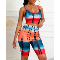 Tie Dye Print Sleeveless Crop Top & High Waist Shorts Set - Multicolor