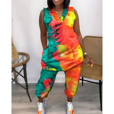 Tie Dye Print Sleeveless Pocket Design Jumpsuit - Multicolor