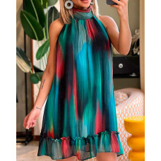 Tie Dye Print Sleeveless Ruffles Swing Dress - green