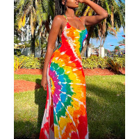 Tie Dye Print Sleeveless Slit Maxi Dress - Multicolor