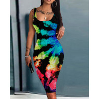 Tie Dye Print Sleeveless U-Neck Skims Dress - Multicolor