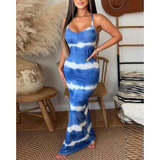 Tie Dye Print Spaghetti Strap Casual Dress - blue