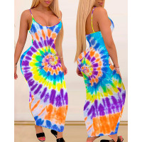 Tie Dye Print Spaghetti Strap Maxi Dress - purple