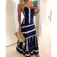 Tie Dye Print Spaghetti Strap Maxi Dress - purplish blue