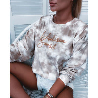 Tie Dye Print Studded Letter Pattern Long Sleeve Top - Apricot