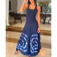 Tie Dye Print Thick Strap Maxi Dress - blue