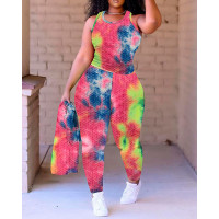 Tie Dye Print Thick Strap Yoga Top & Pants Sets - Multicolor