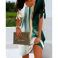 Tie Dye Print Tied Detail Casual Dress - green